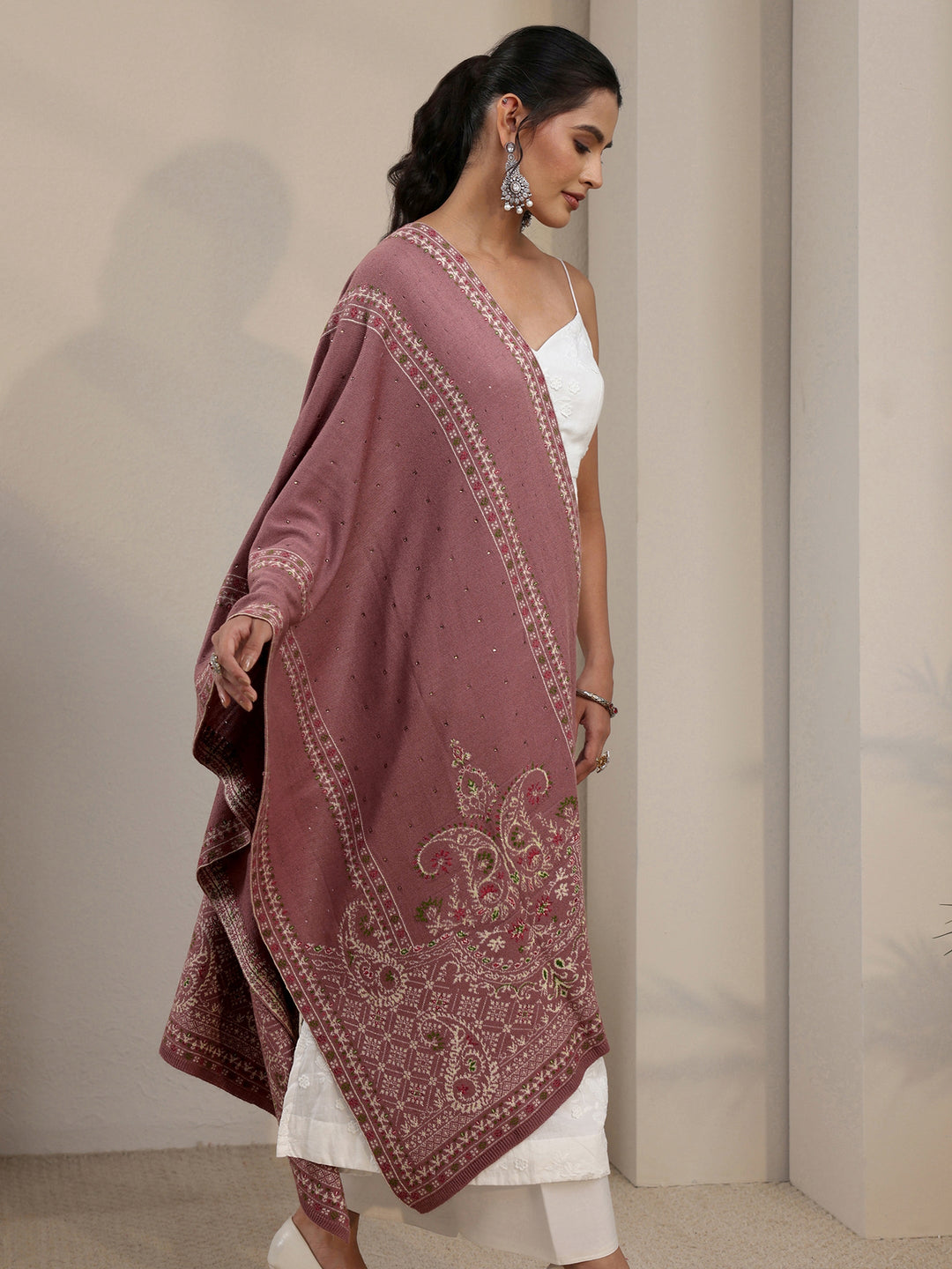  Libas Mauve Paisley Knitted Acrylic Shawl 