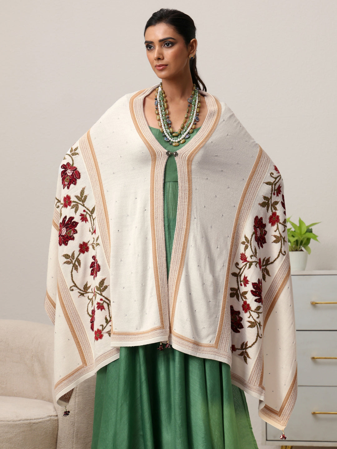  Libas White Floral Knitted Acrylic Wrap Shawl 