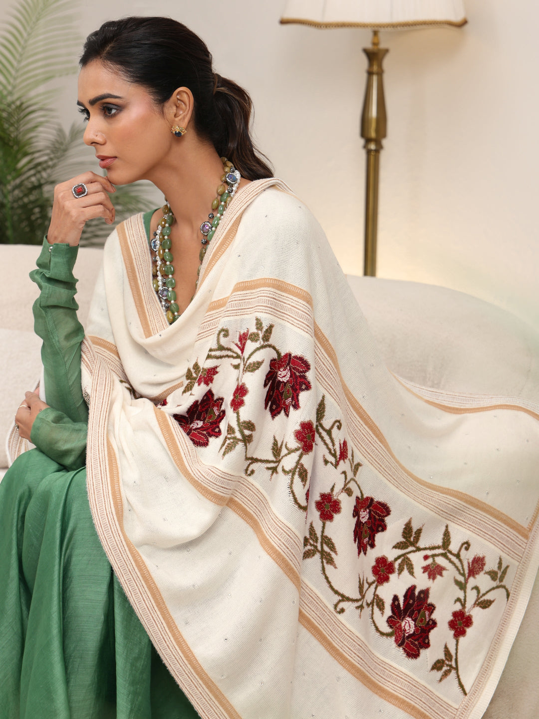  Libas White Floral Knitted Acrylic Wrap Shawl 