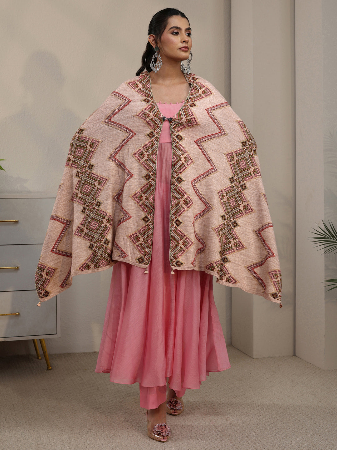  Libas Beige Geometric Knitted Acrylic Wrap Shawl 
