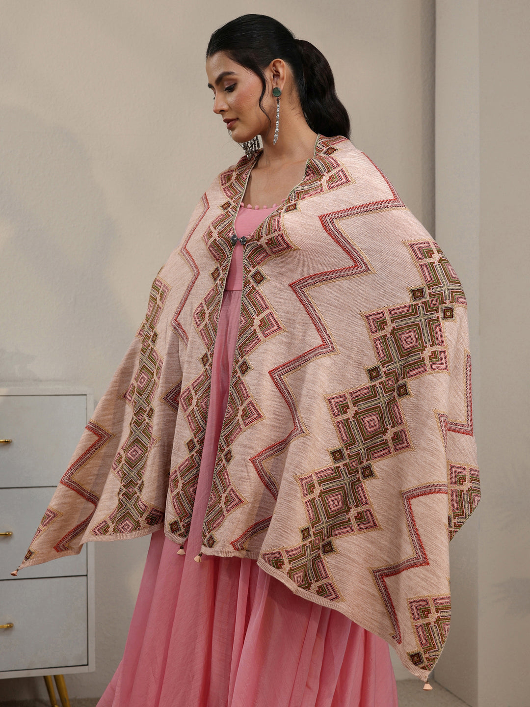  Libas Beige Geometric Knitted Acrylic Wrap Shawl 