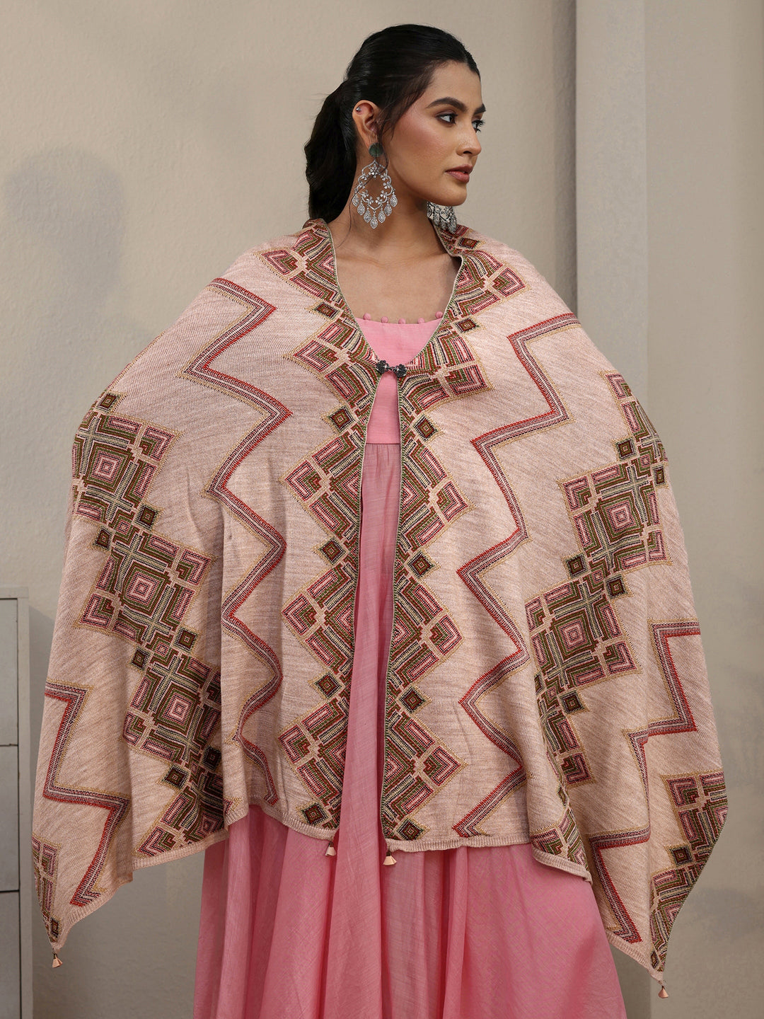  Libas Beige Geometric Knitted Acrylic Wrap Shawl 