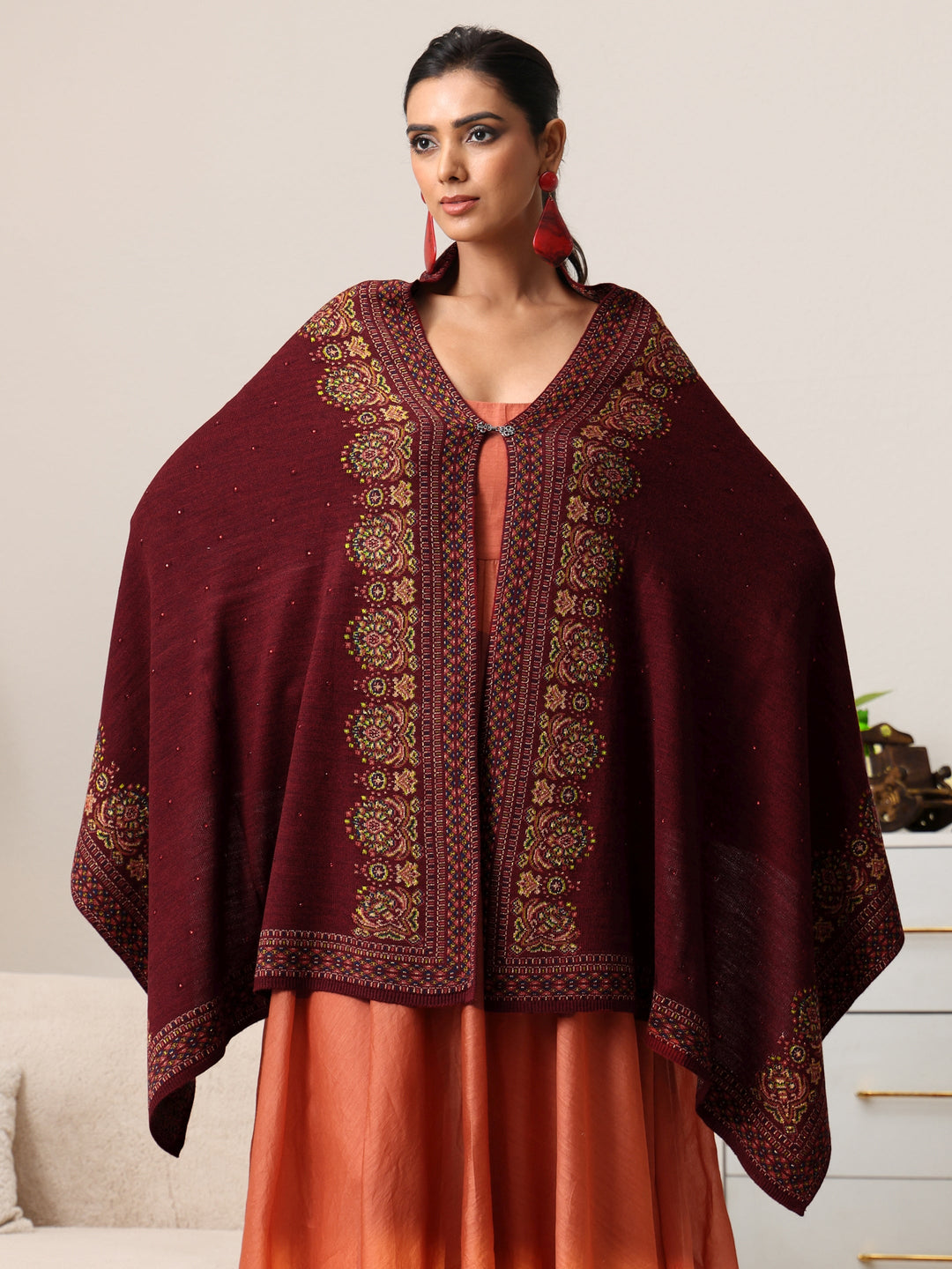  Libas Maroon Ethnic Knitted Acrylic Wrap Shawl 