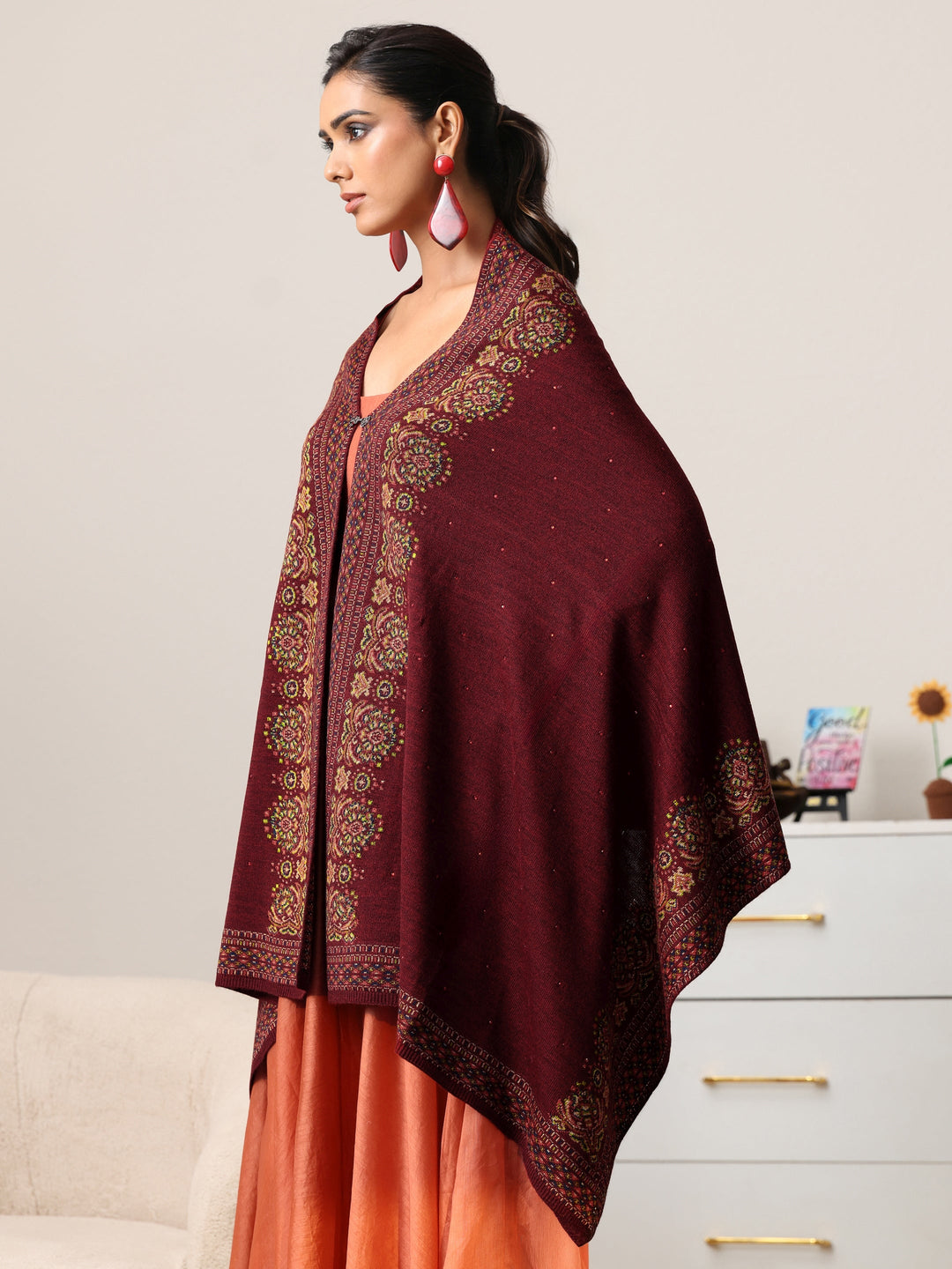  Libas Maroon Ethnic Knitted Acrylic Wrap Shawl 