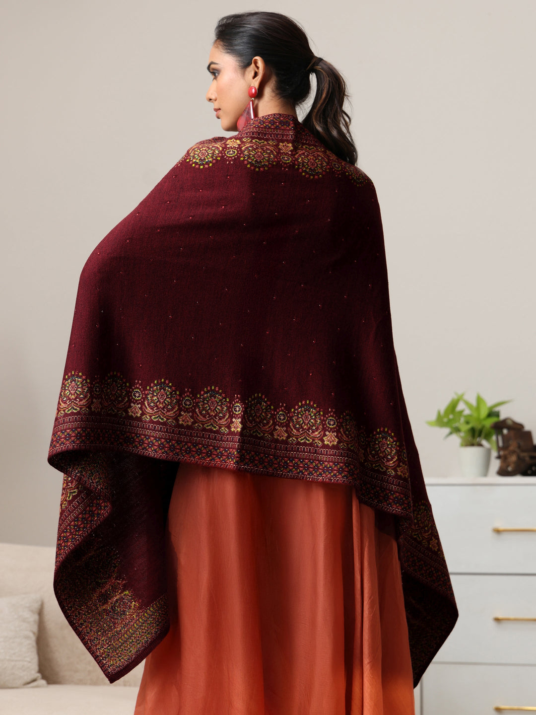  Libas Maroon Ethnic Knitted Acrylic Wrap Shawl 