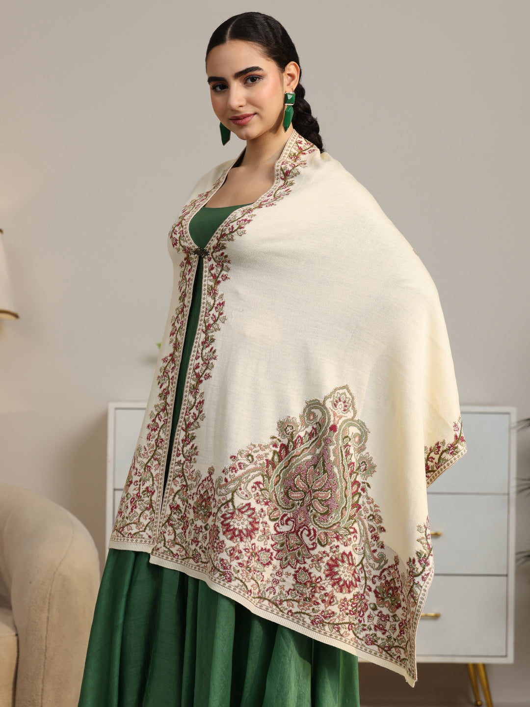  Libas White Ethnic Knitted Acrylic Wrap Shawl 