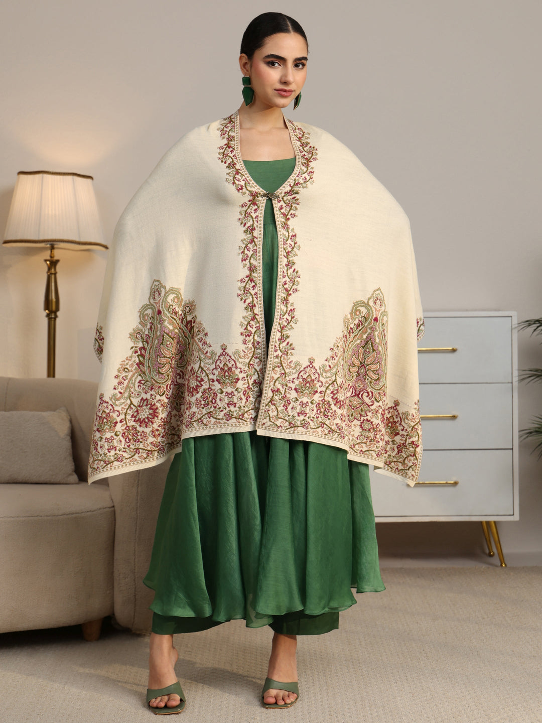  Libas White Ethnic Knitted Acrylic Wrap Shawl 
