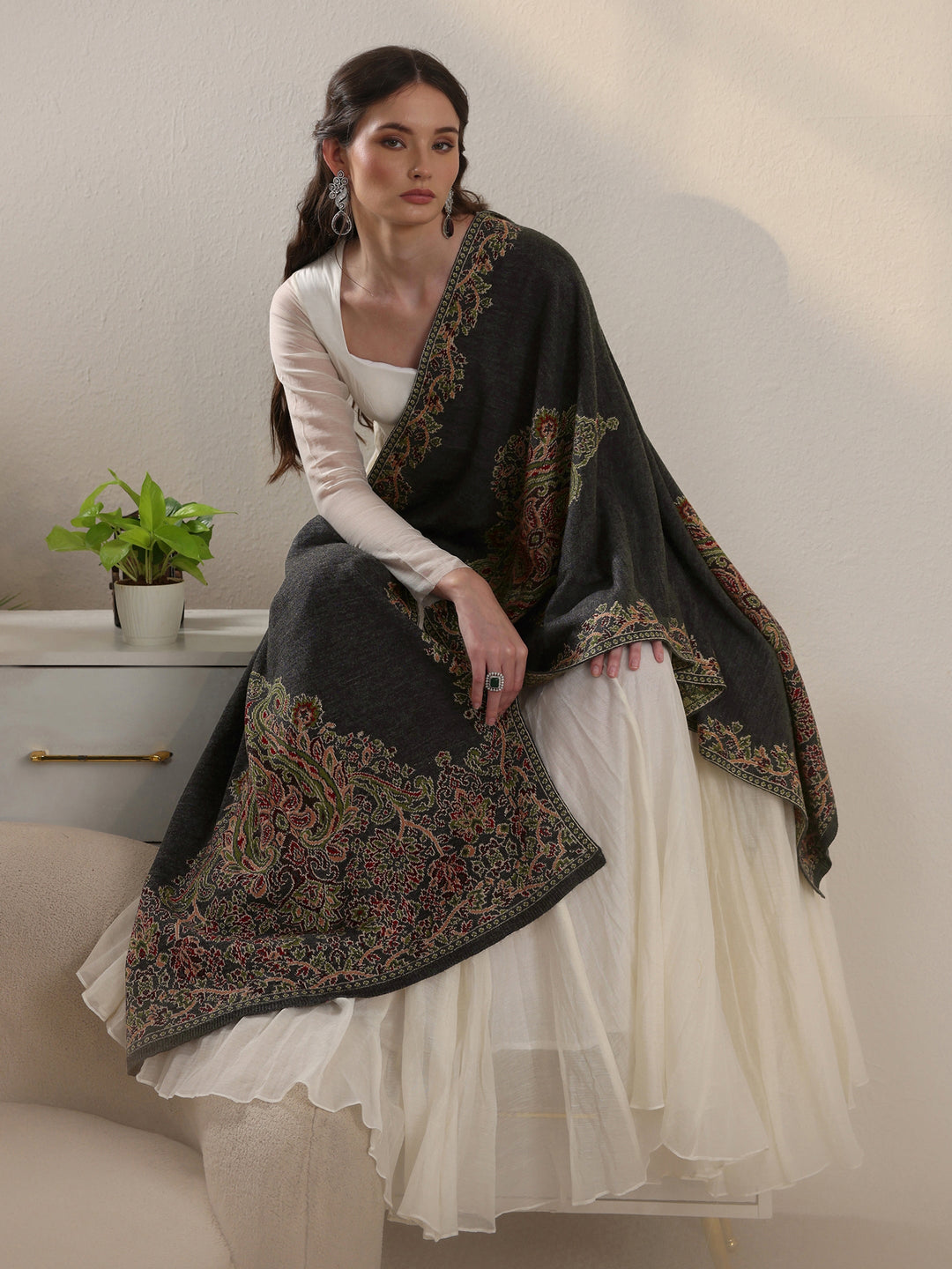  Libas Dark Grey Ethnic Knitted Acrylic Wrap Shawl 