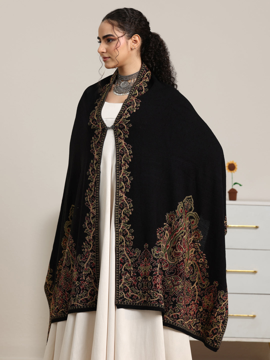  Libas Black Floral Knitted Acrylic Wrap Shawl 