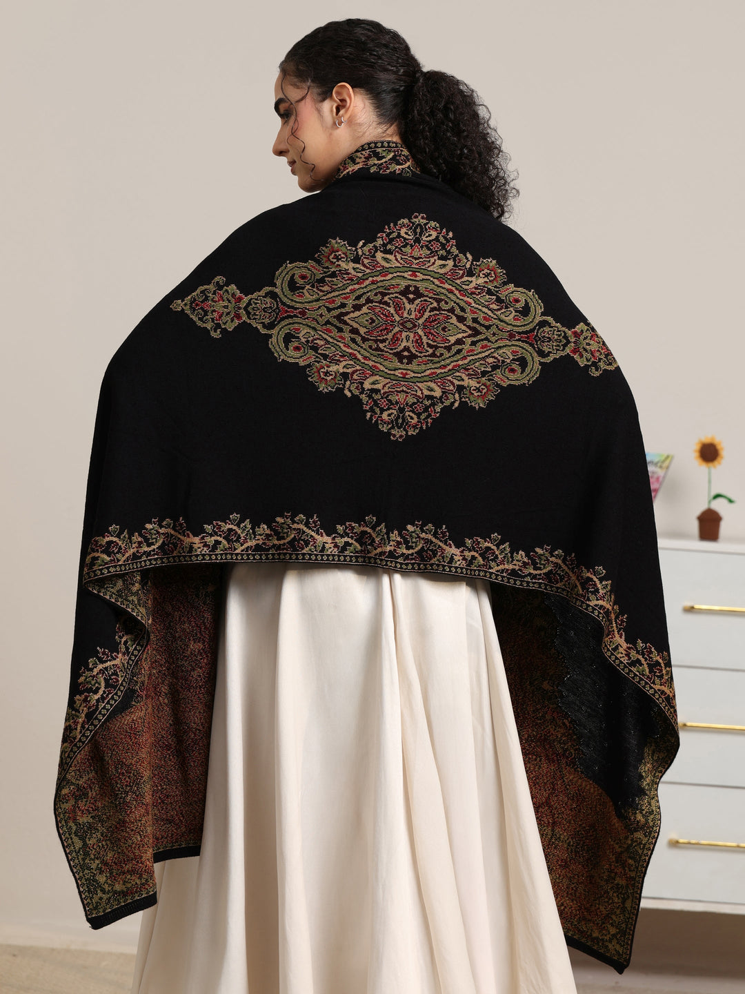  Libas Black Floral Knitted Acrylic Wrap Shawl 