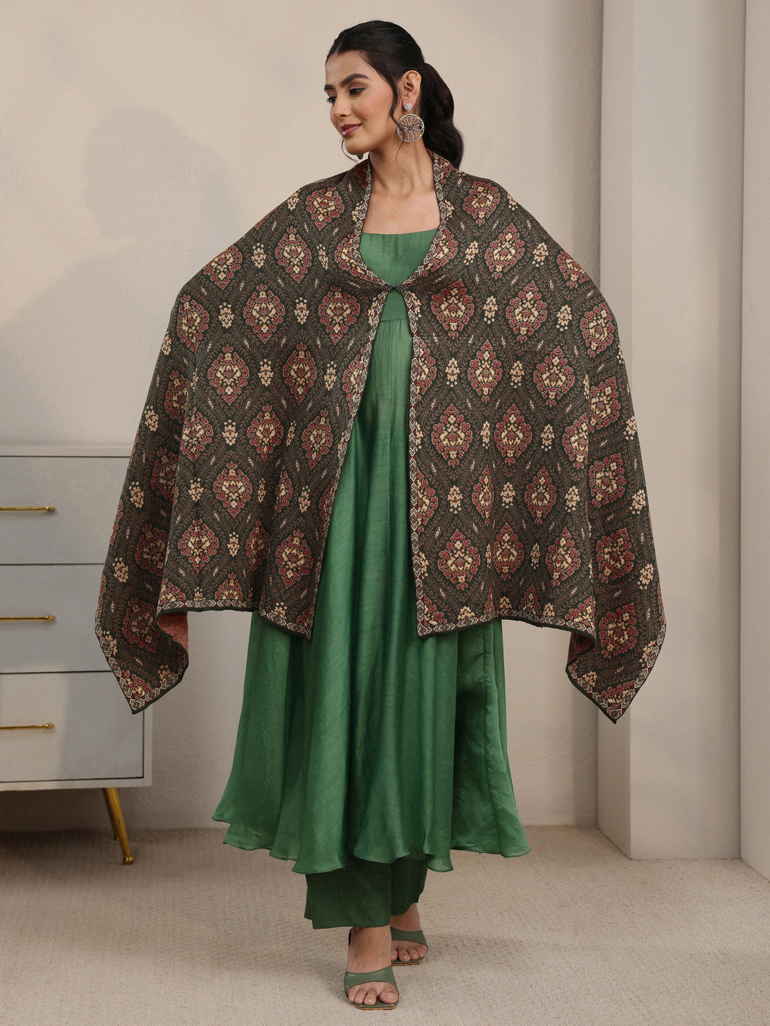  Libas Olive Green Ethnic Knitted Acrylic Wrap Shawl 