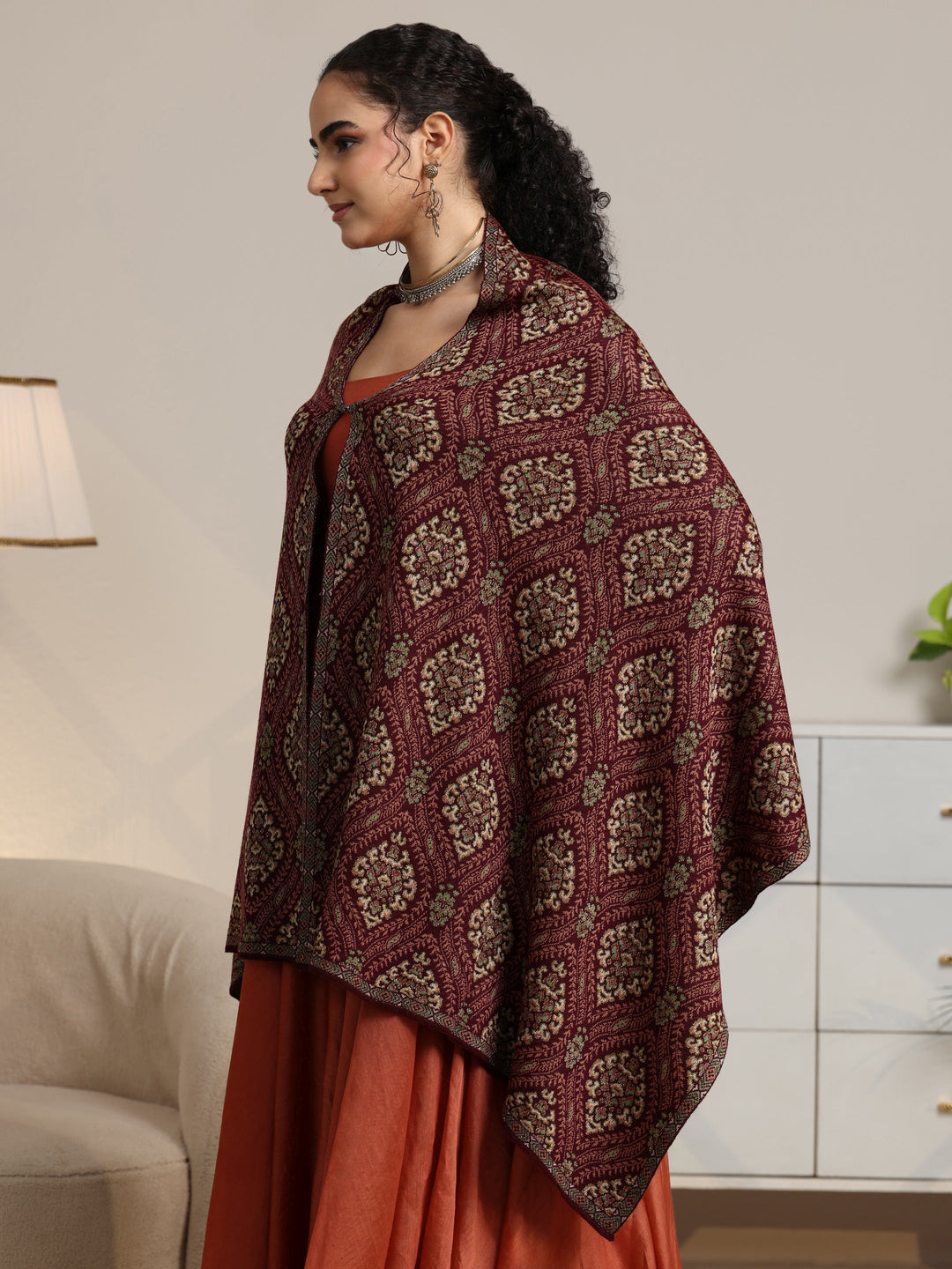  Libas Maroon Ethnic Knitted Acrylic Wrap Shawl 