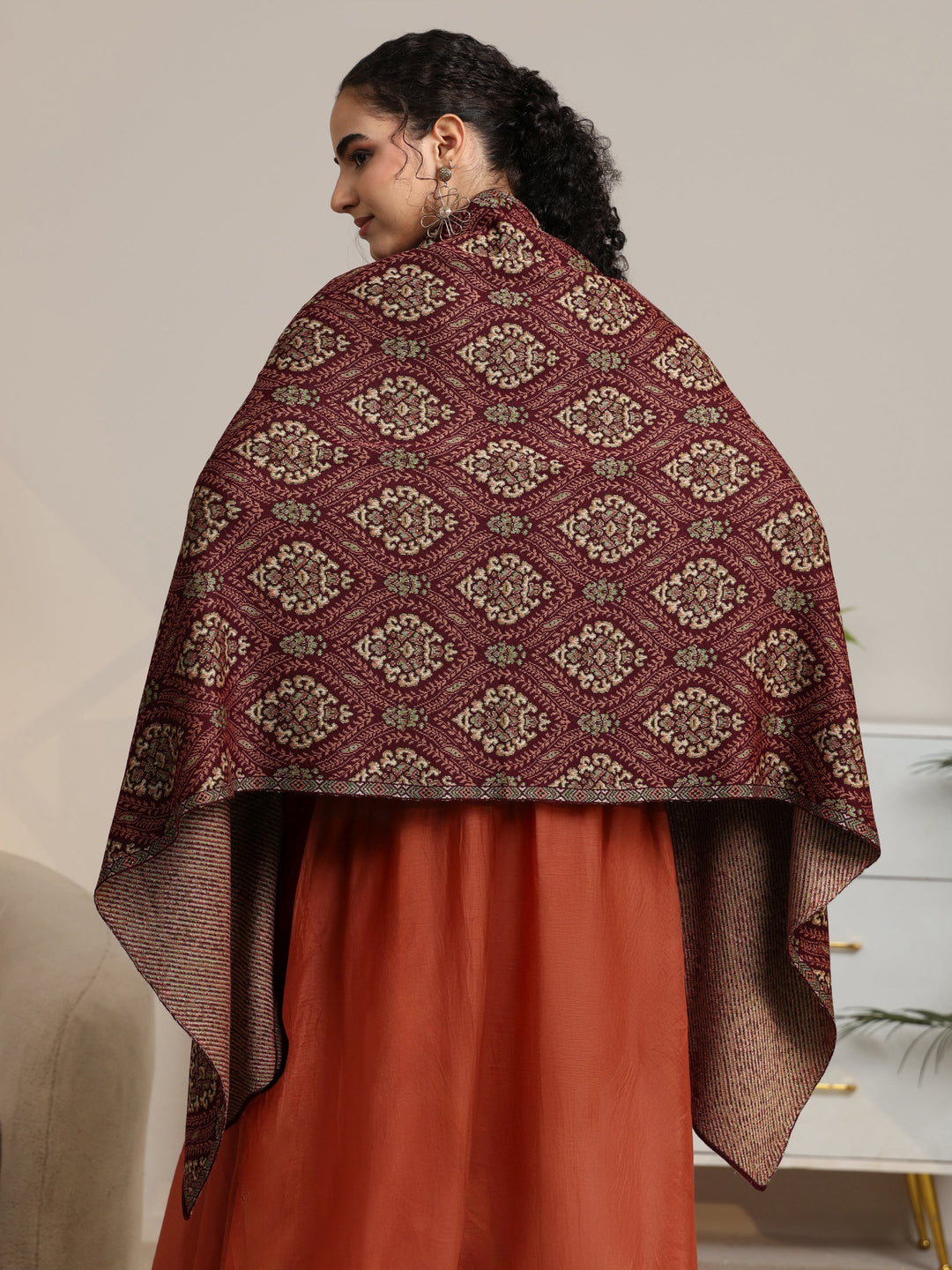  Libas Maroon Ethnic Knitted Acrylic Wrap Shawl 