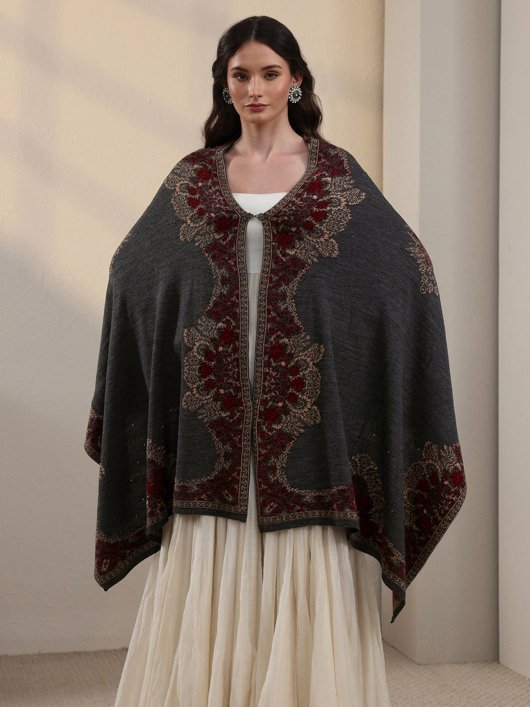 Libas Dark Grey Ethnic Knitted Acrylic Wrap Shawl 