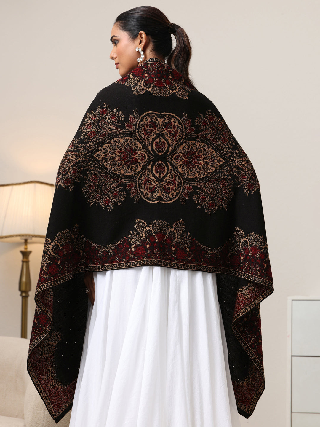  Libas Black Floral Knitted Acrylic Wrap Shawl 