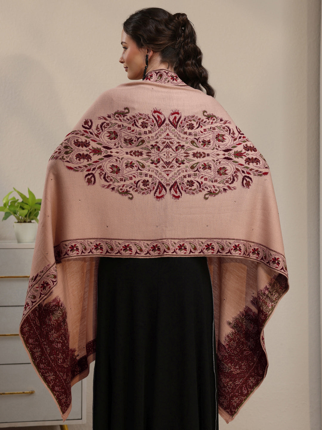  Libas Beige Floral Knitted Acrylic Wrap Shawl 