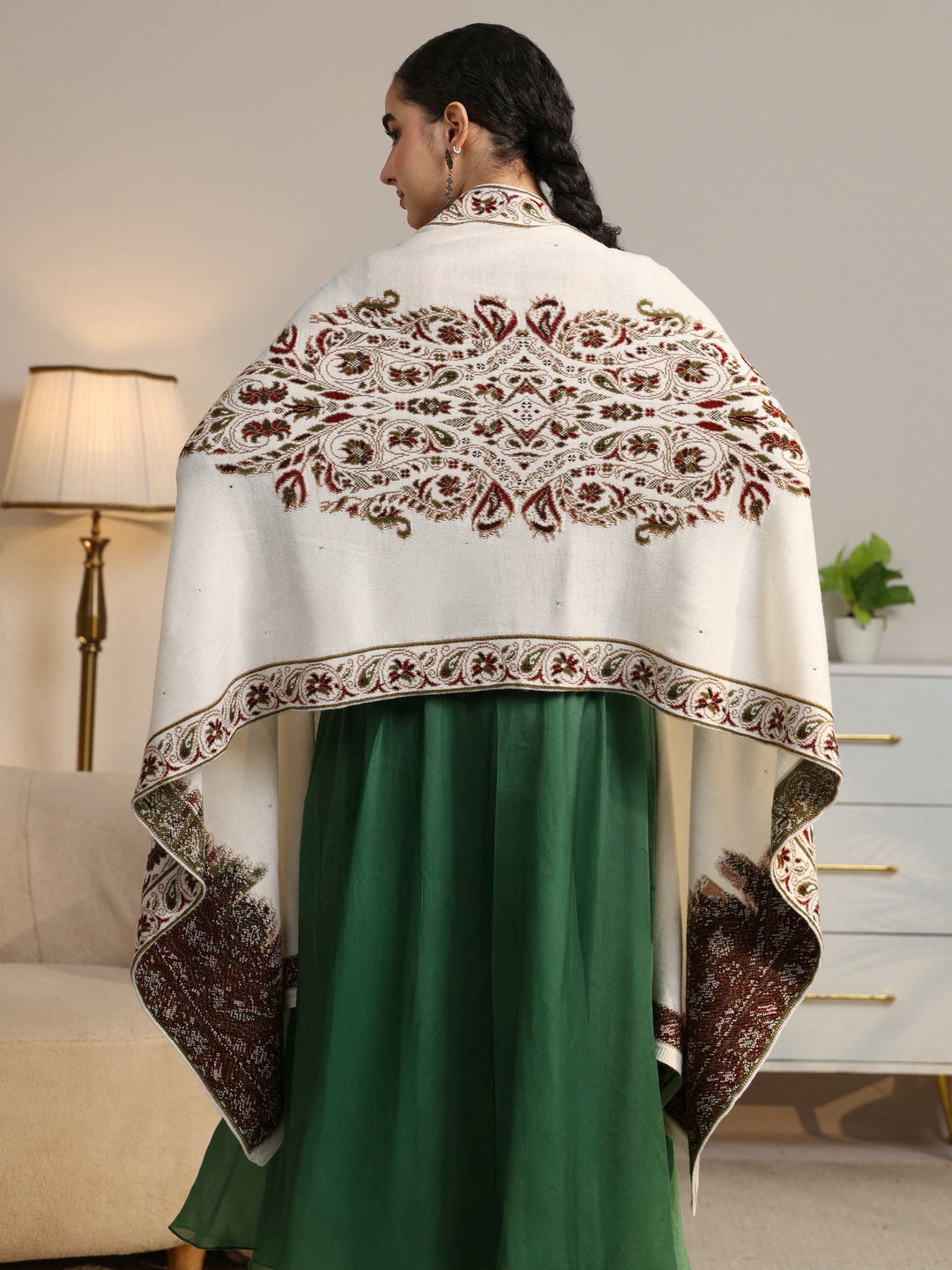  Libas White Floral Knitted Acrylic Wrap Shawl 