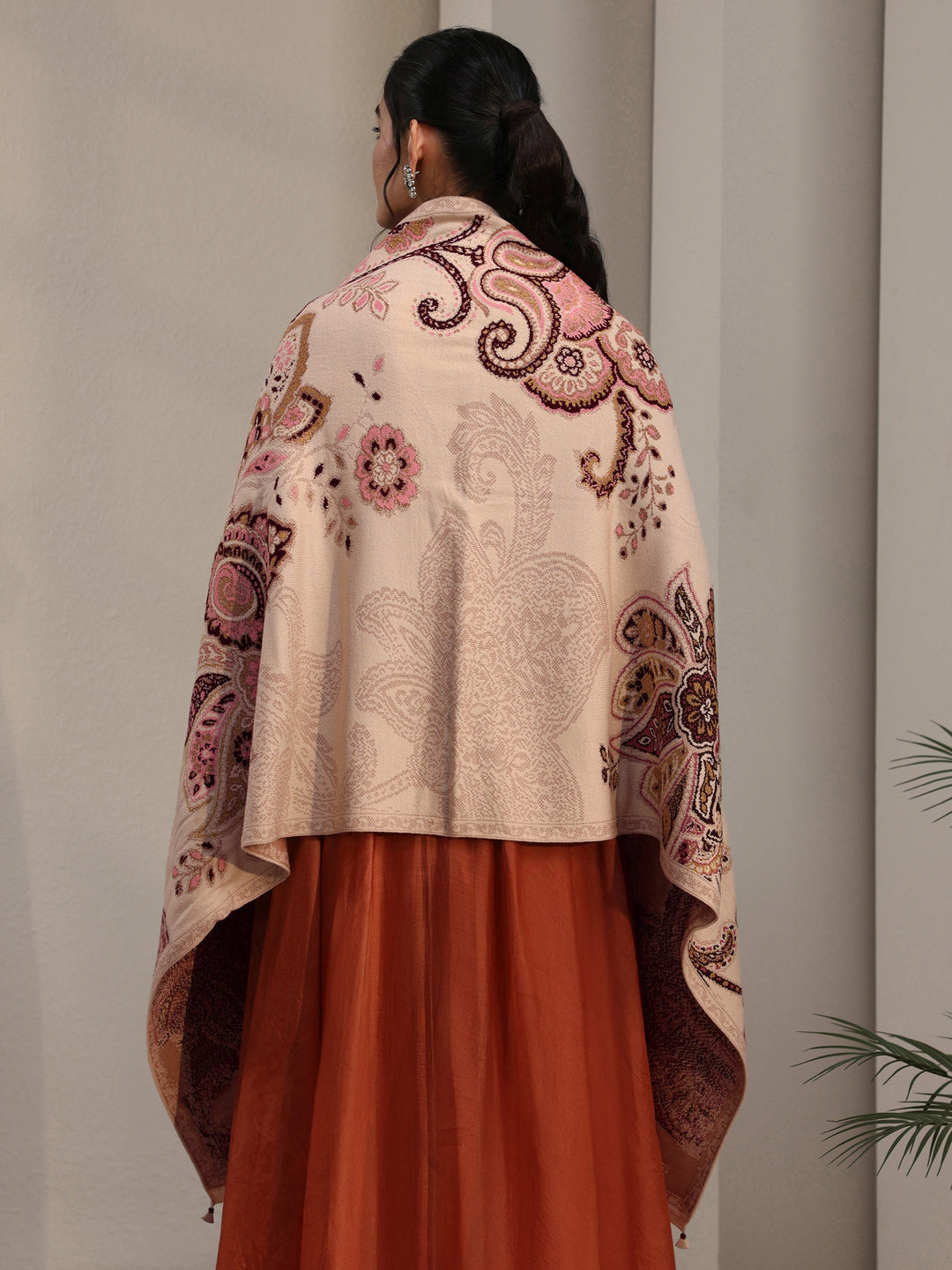  Libas Beige Floral Knitted Acrylic Wrap Shawl 