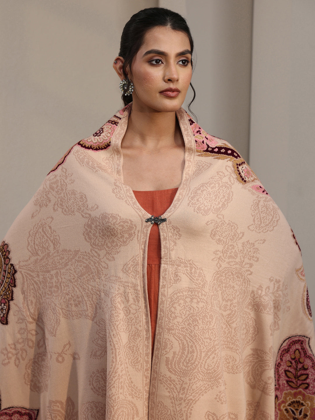  Libas Beige Floral Knitted Acrylic Wrap Shawl 