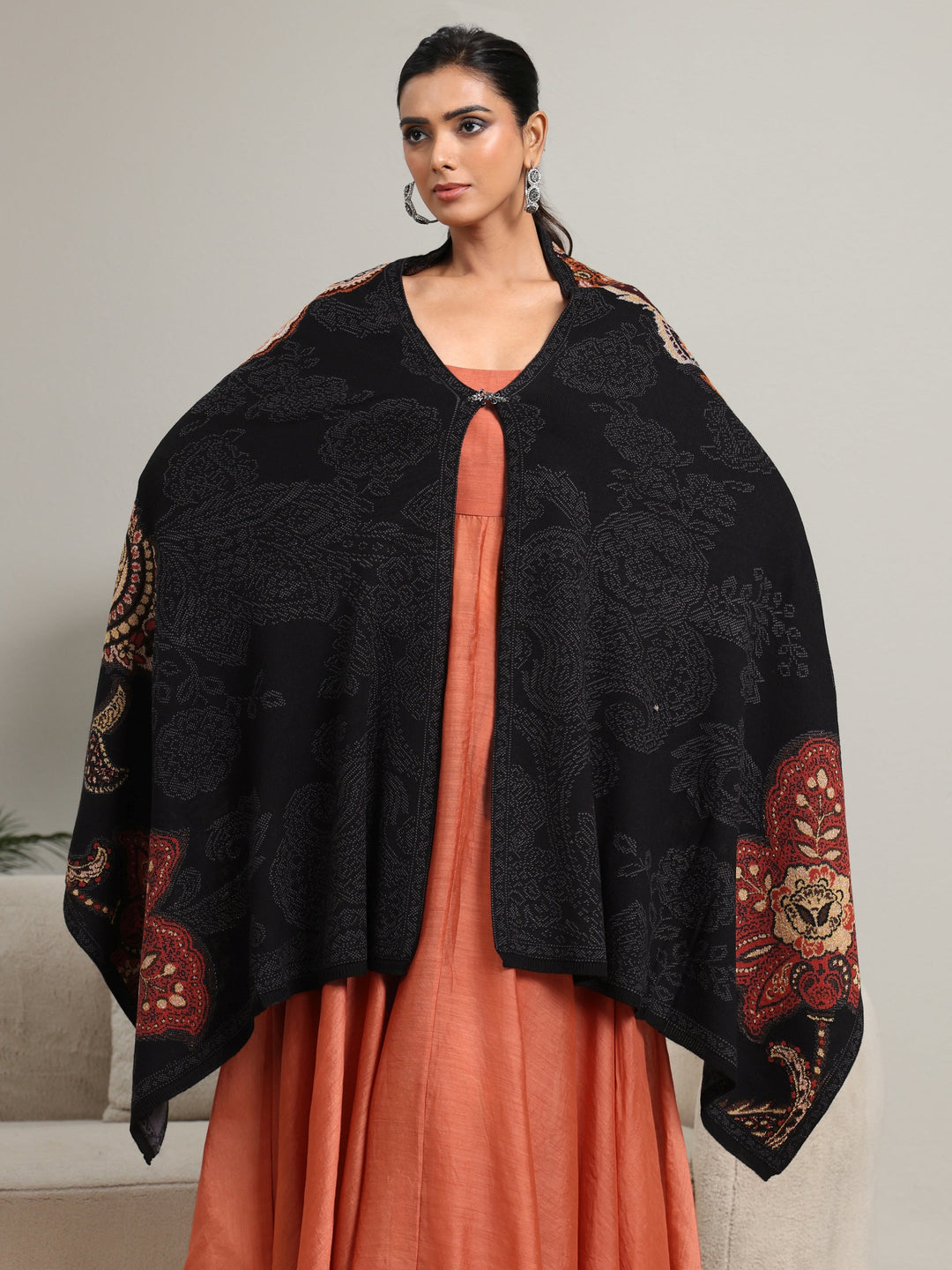  Libas Black Floral Knitted Acrylic Wrap Shawl 