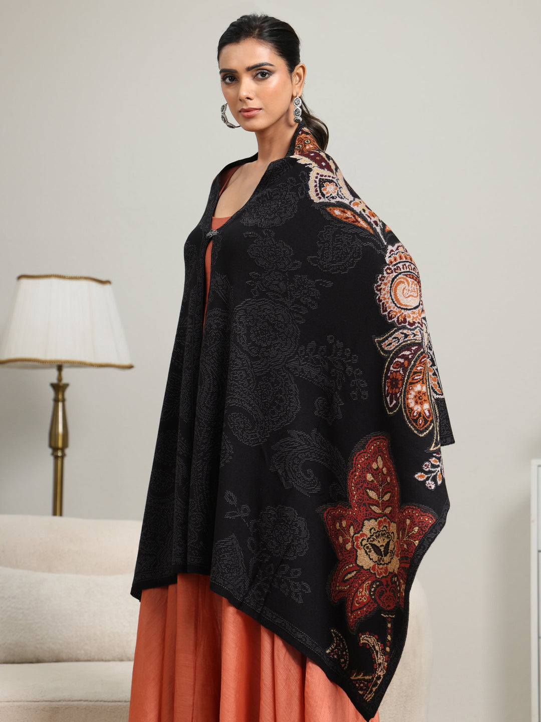  Libas Black Floral Knitted Acrylic Wrap Shawl 