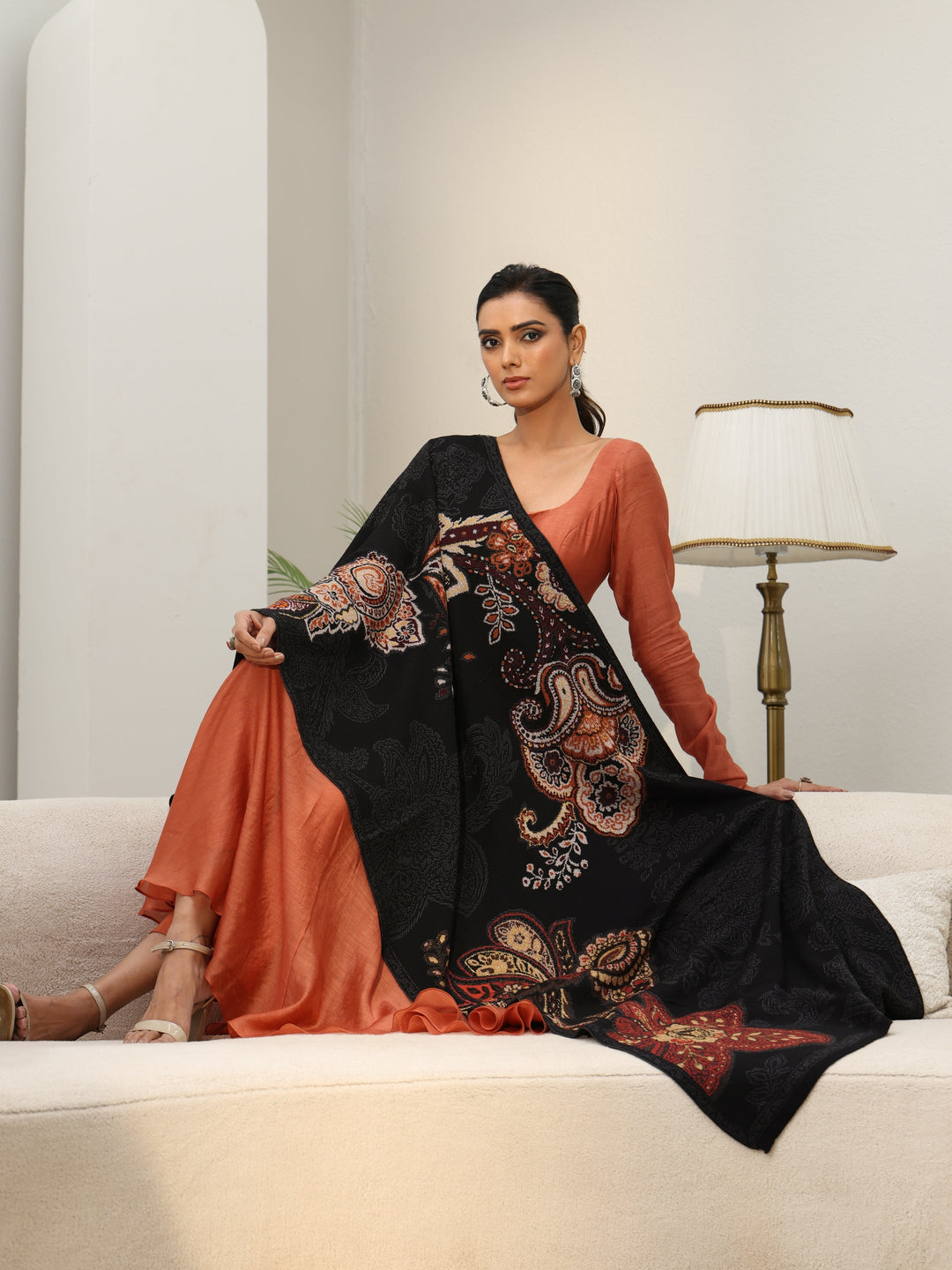  Libas Black Floral Knitted Acrylic Wrap Shawl 