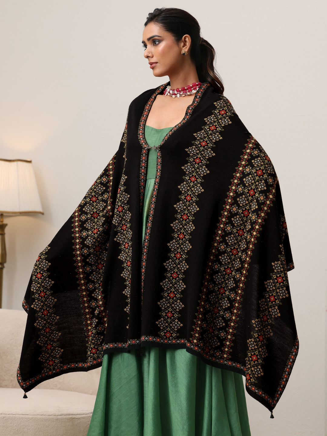  Libas Black Ethnic Knitted Acrylic Wrap Shawl 