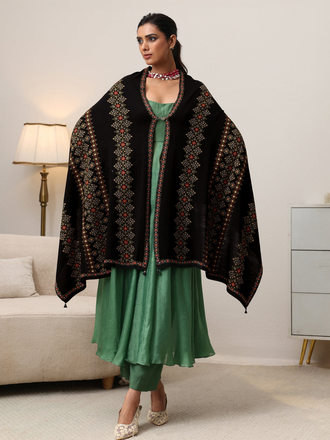  Libas Black Ethnic Knitted Acrylic Wrap Shawl 
