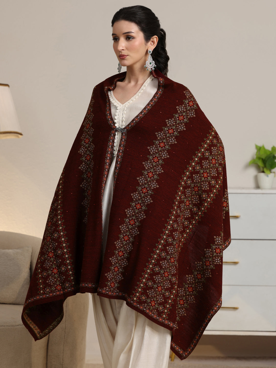  Libas Maroon Ethnic Knitted Acrylic Wrap Shawl 