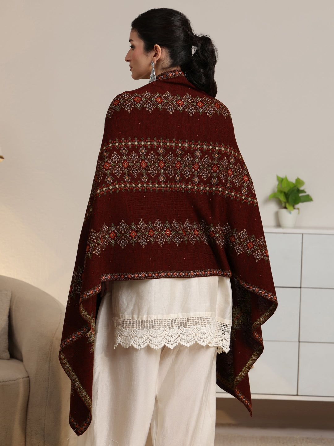  Libas Maroon Ethnic Knitted Acrylic Wrap Shawl 