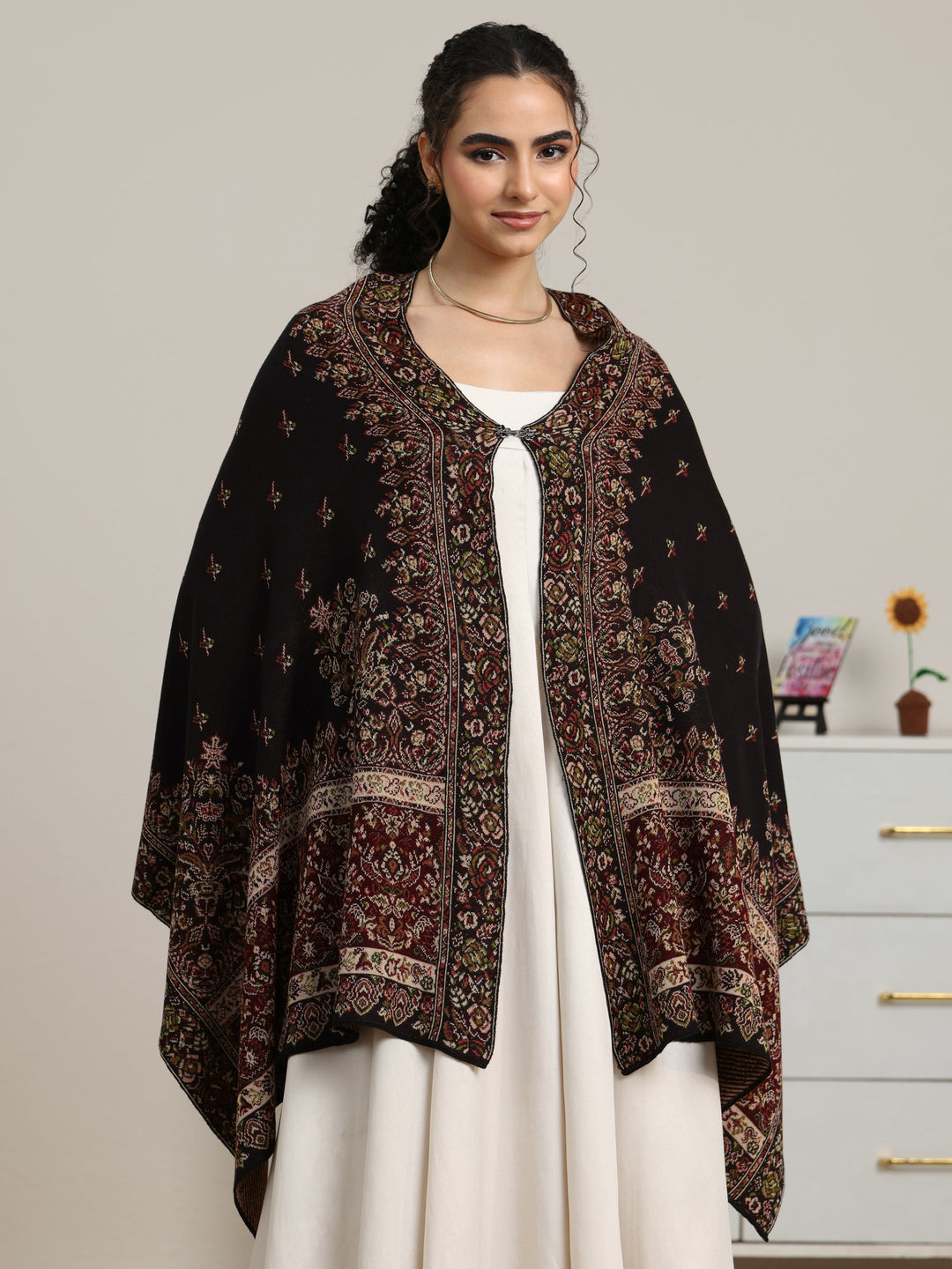  Libas Black Floral Knitted Acrylic Wrap Shawl 