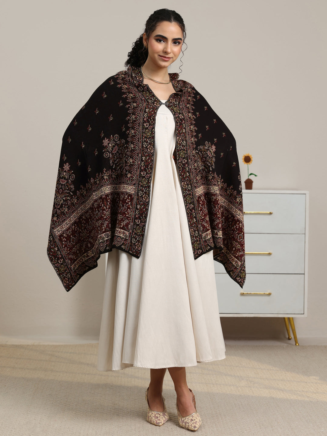  Libas Black Floral Knitted Acrylic Wrap Shawl 