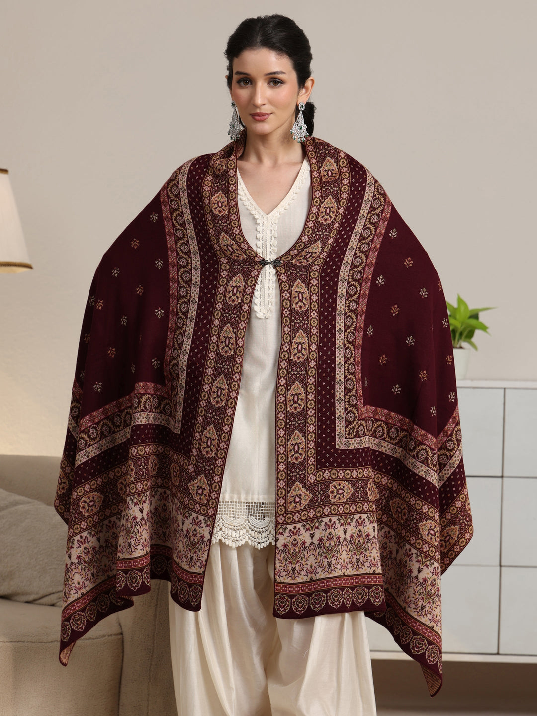 Libas Maroon Ethnic Knitted Acrylic Wrap Shawl 