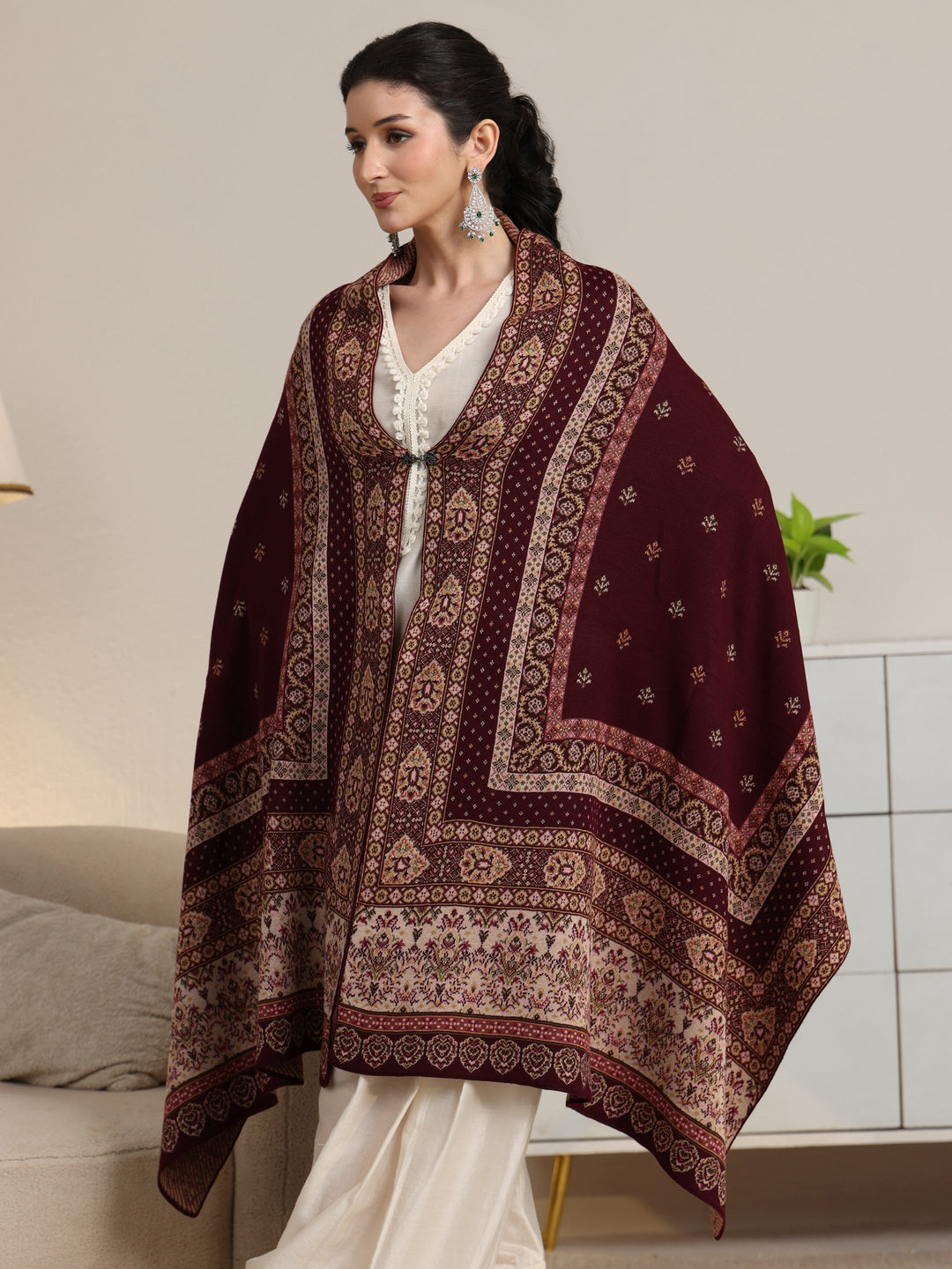  Libas Maroon Ethnic Knitted Acrylic Wrap Shawl 