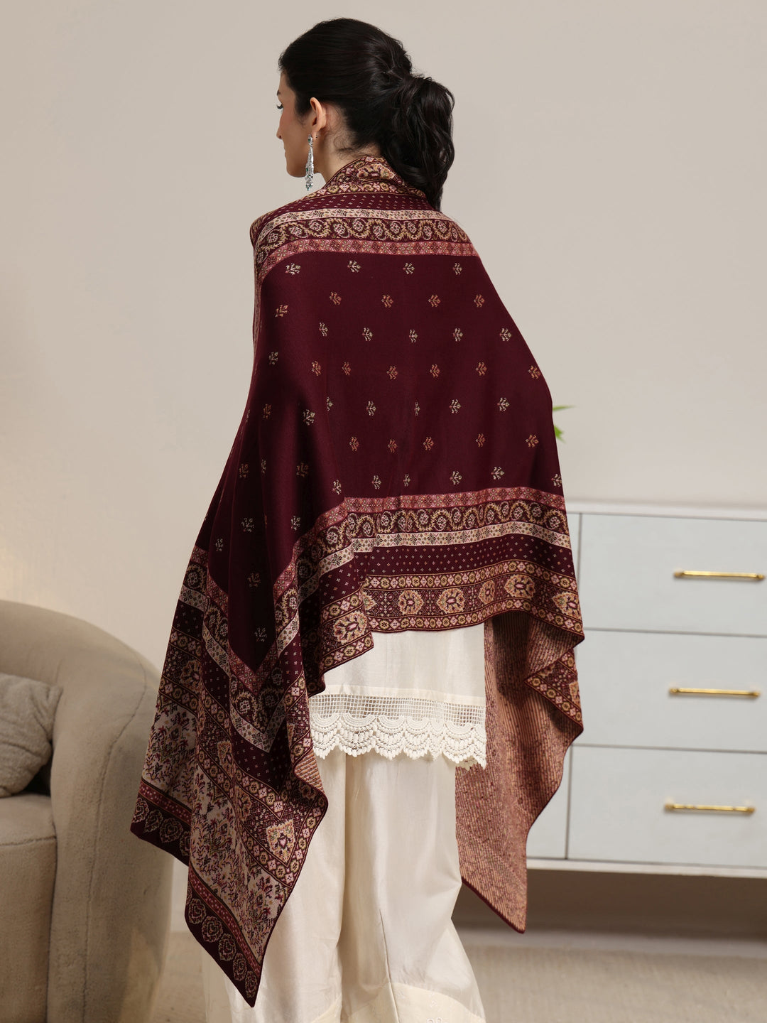  Libas Maroon Ethnic Knitted Acrylic Wrap Shawl 
