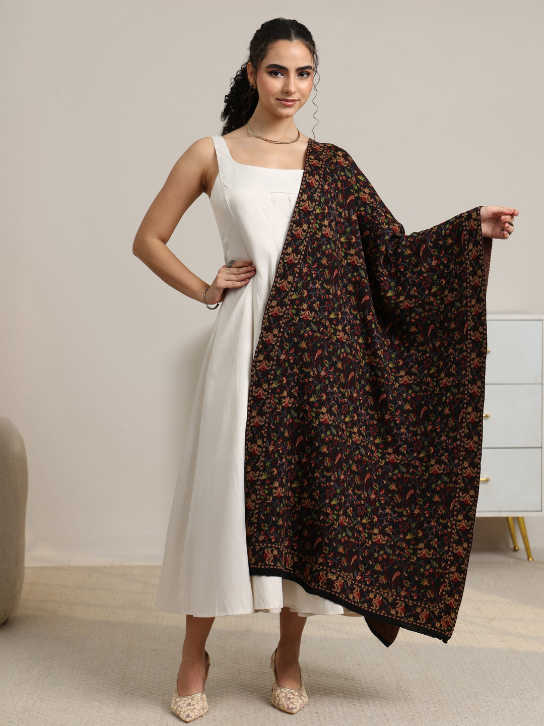  Libas Black Floral Knitted Acrylic Shawl 