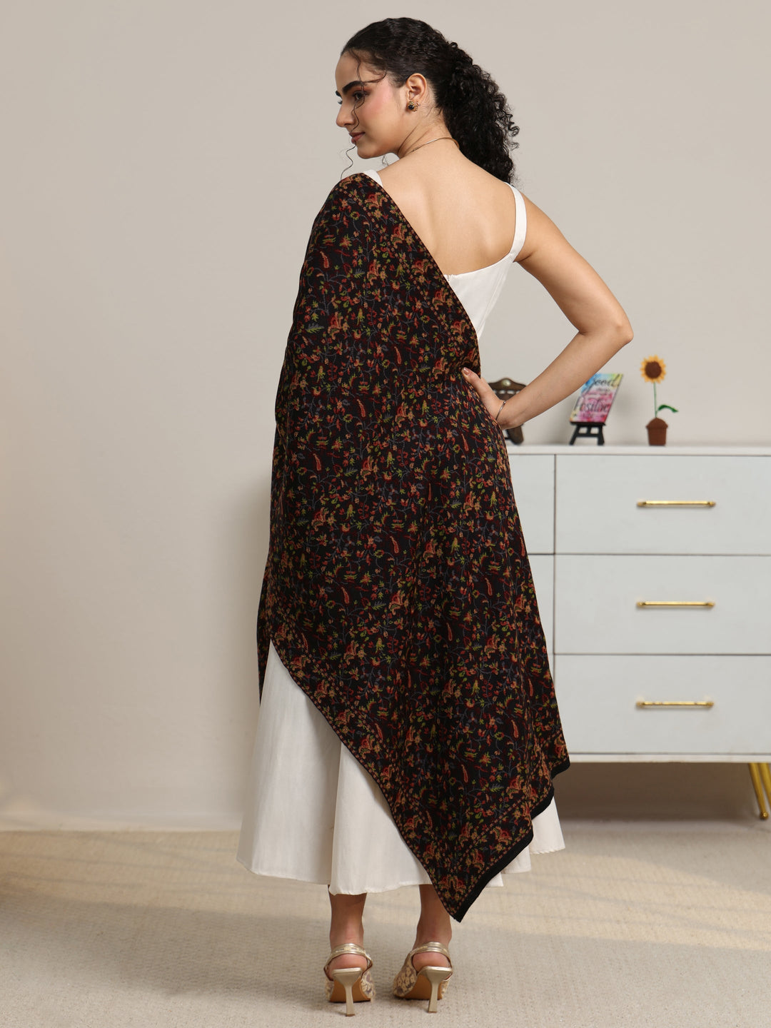  Libas Black Floral Knitted Acrylic Shawl 