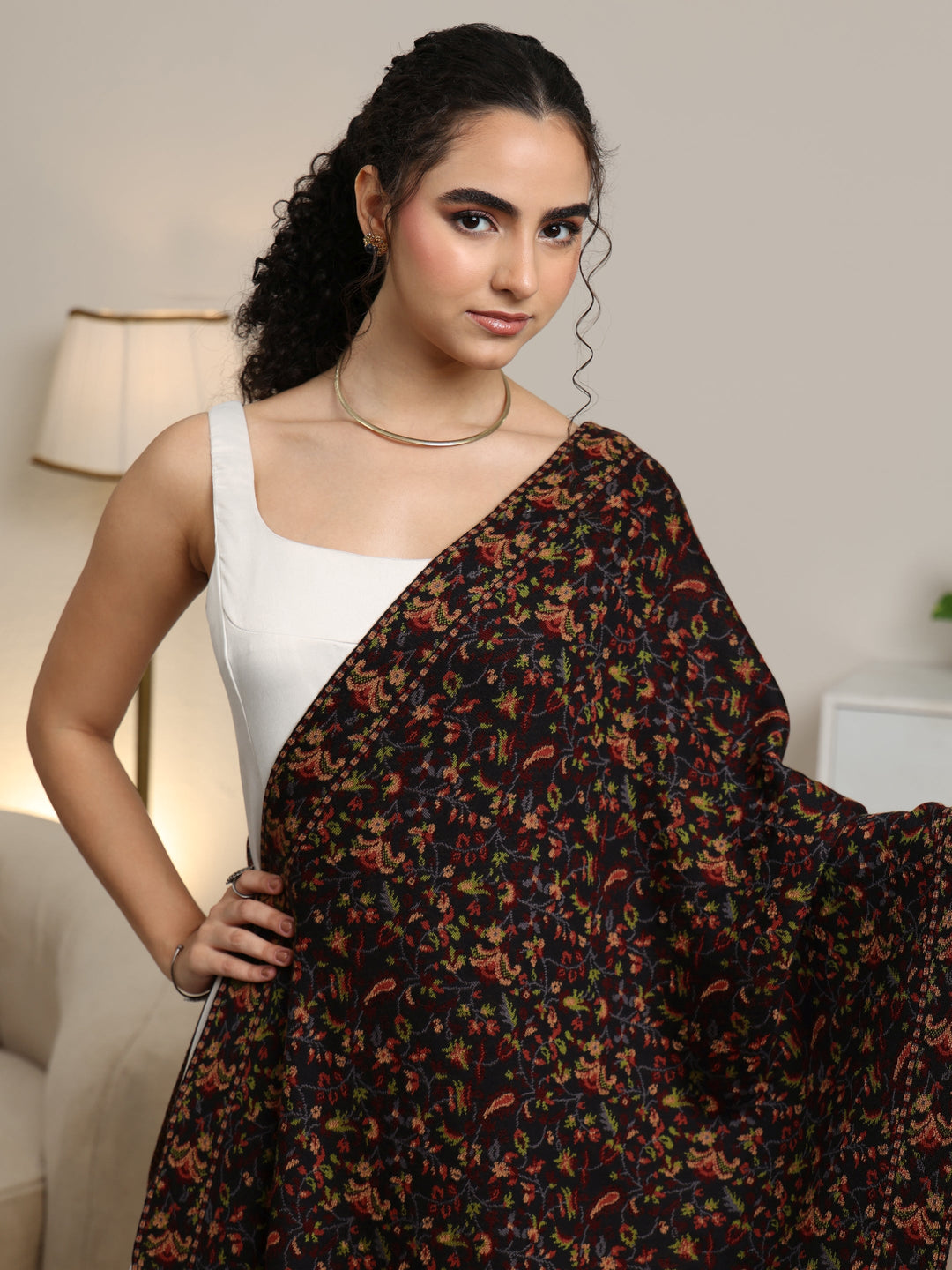  Libas Black Floral Knitted Acrylic Shawl 