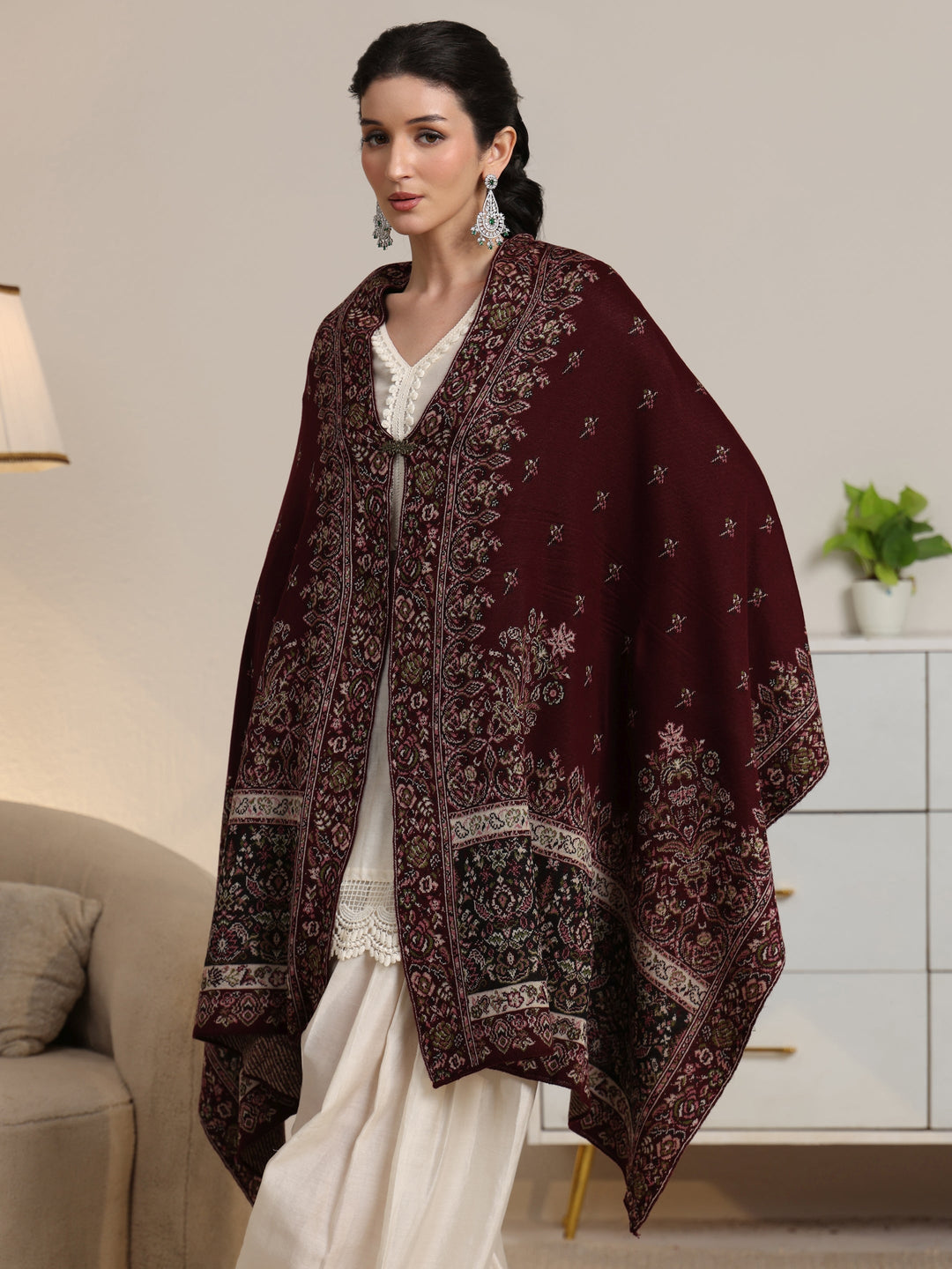  Libas Maroon Floral Knitted Acrylic Wrap Shawl 