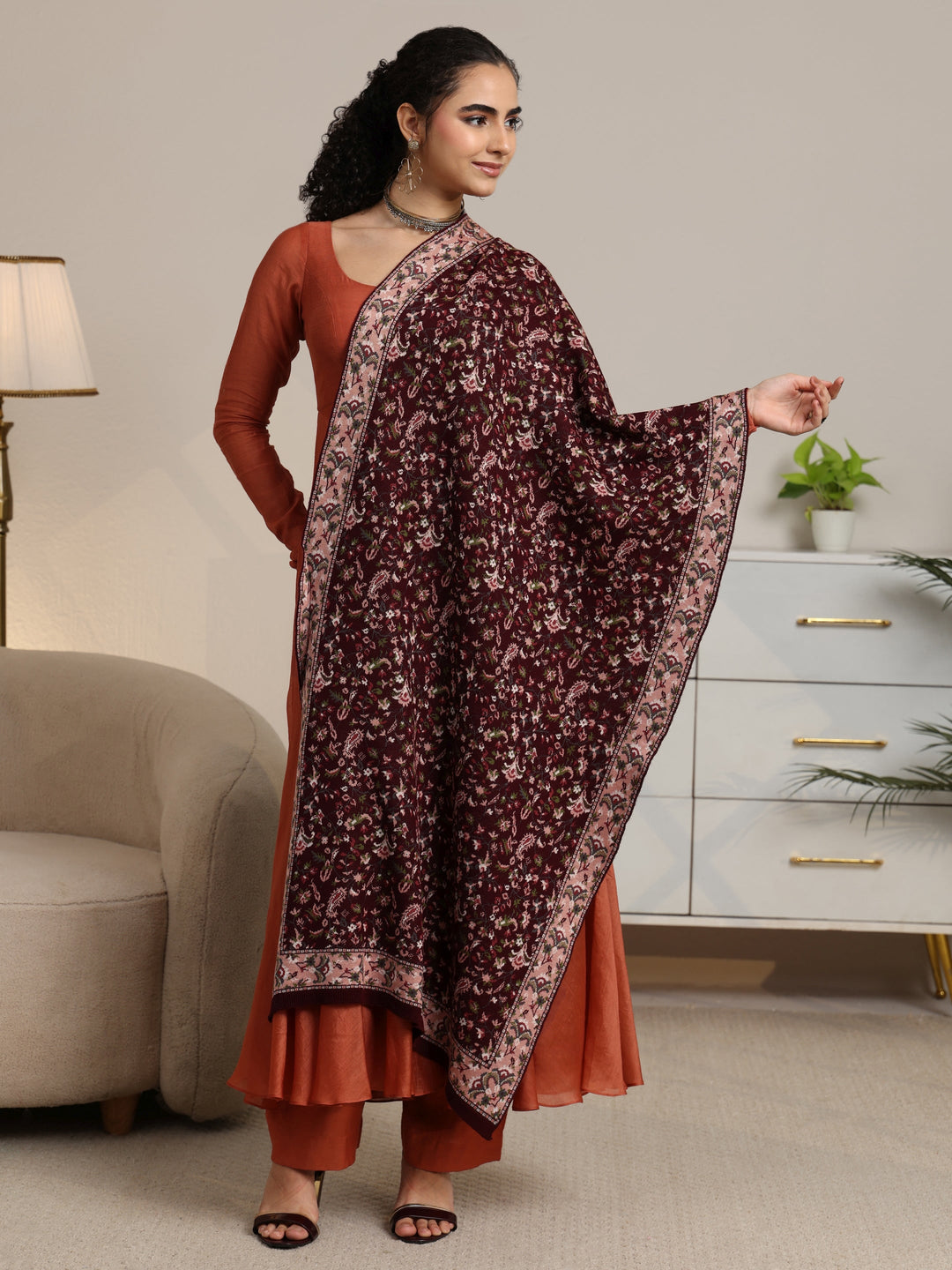  Libas Maroon Floral Knitted Acrylic Shawl 