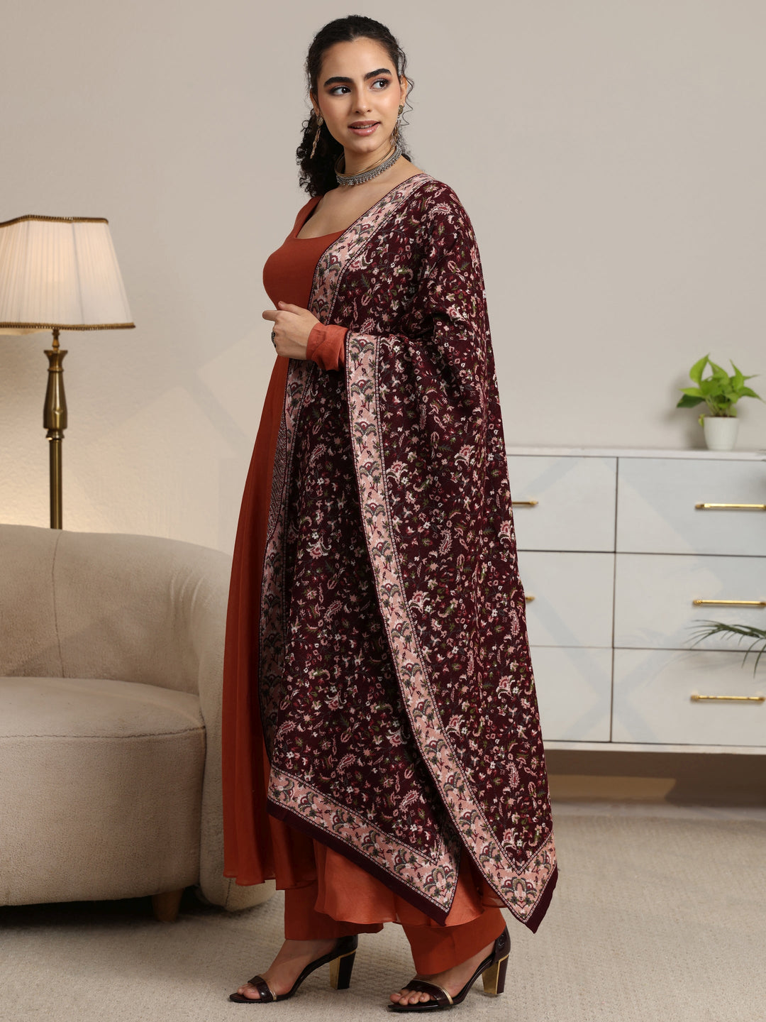  Libas Maroon Floral Knitted Acrylic Shawl 