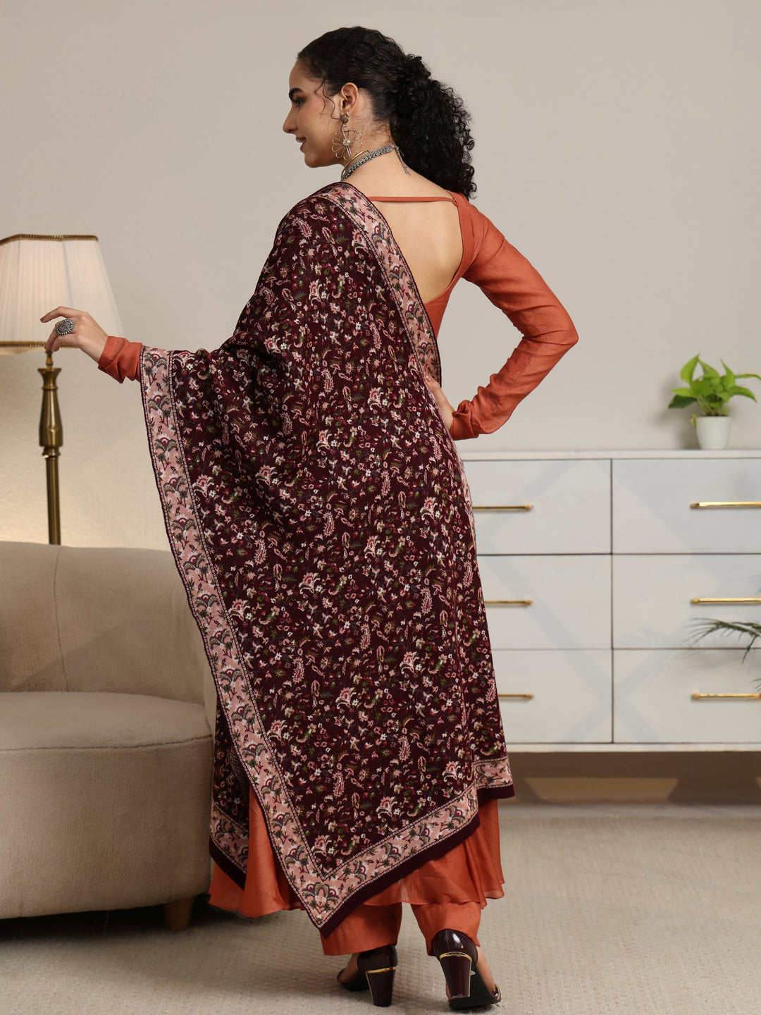  Libas Maroon Floral Knitted Acrylic Shawl 