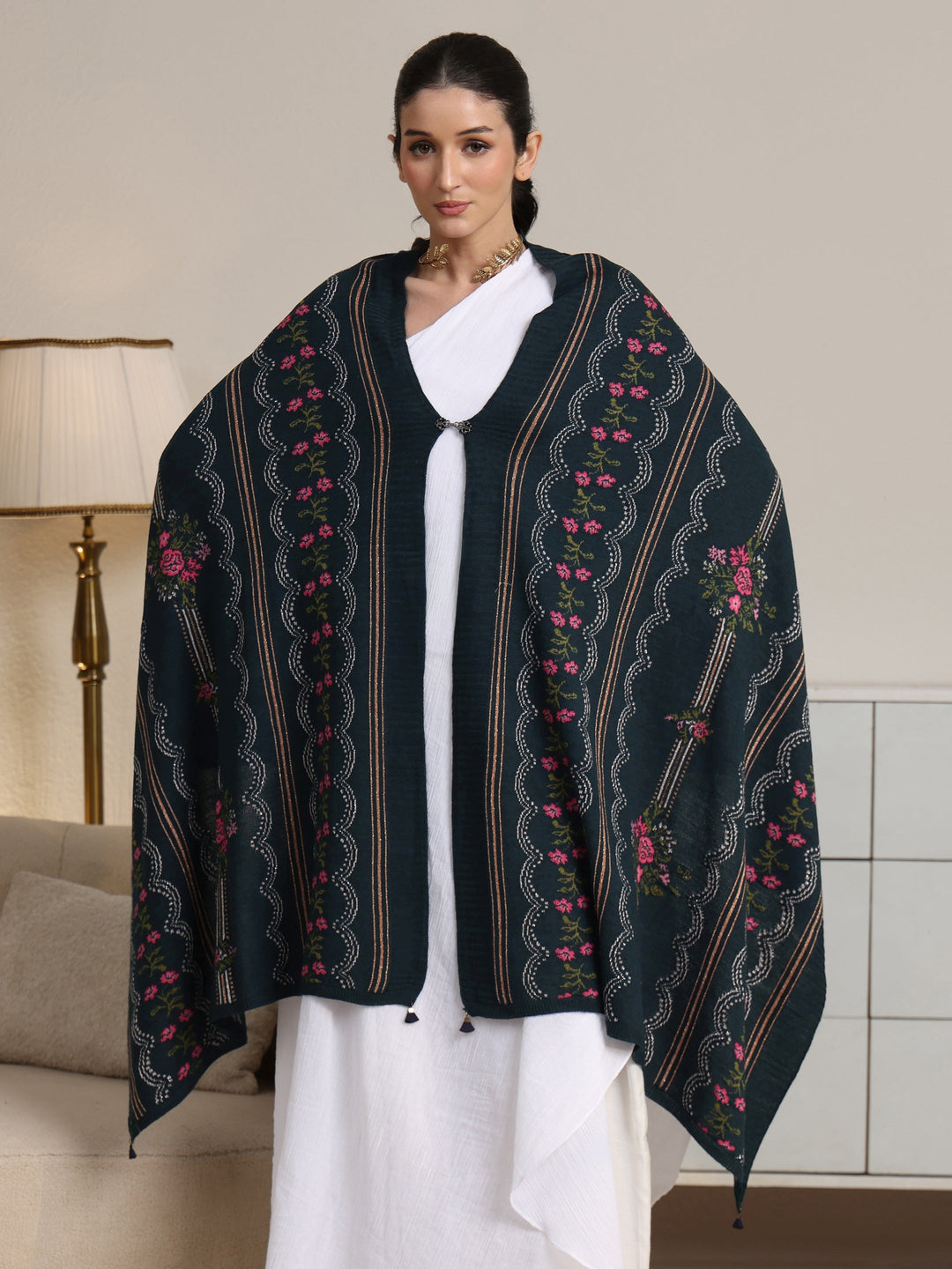  Libas Teal Blue Floral Knitted Acrylic Wrap Shawl 