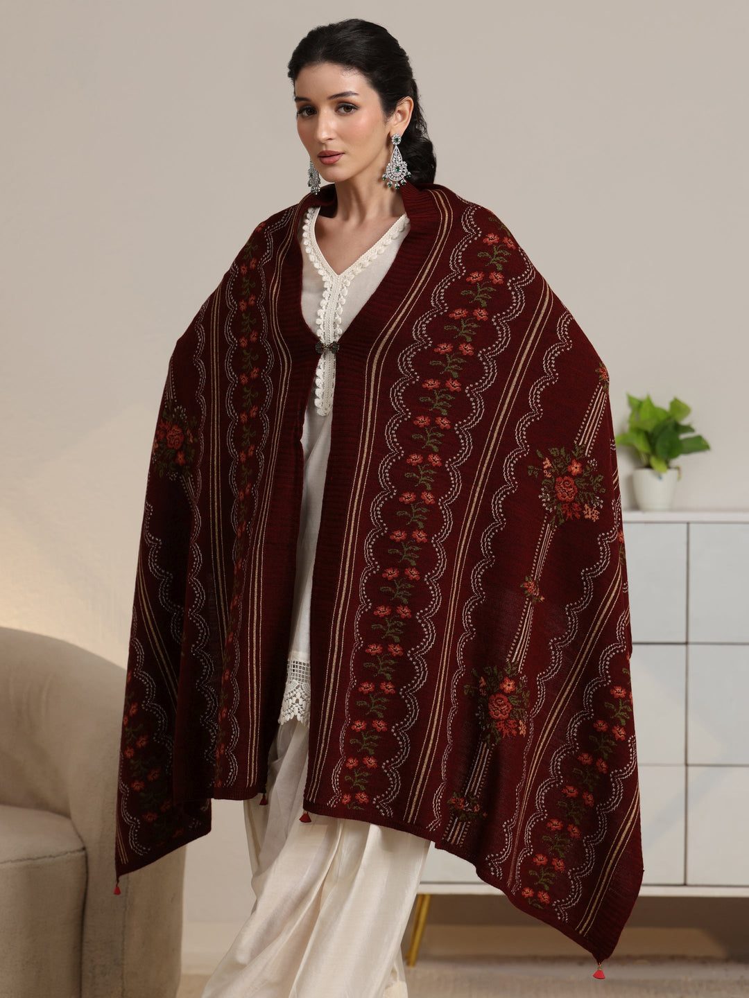  Libas Maroon Floral Knitted Acrylic Wrap Shawl 