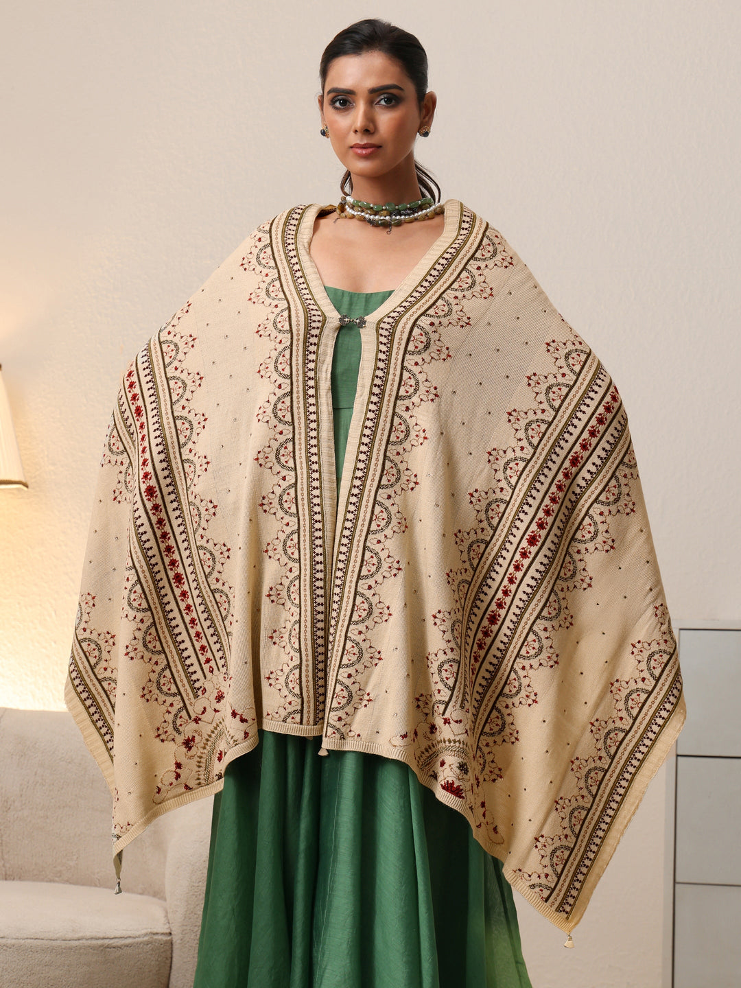  Libas Off White Ethnic Knitted Acrylic Wrap Shawl 