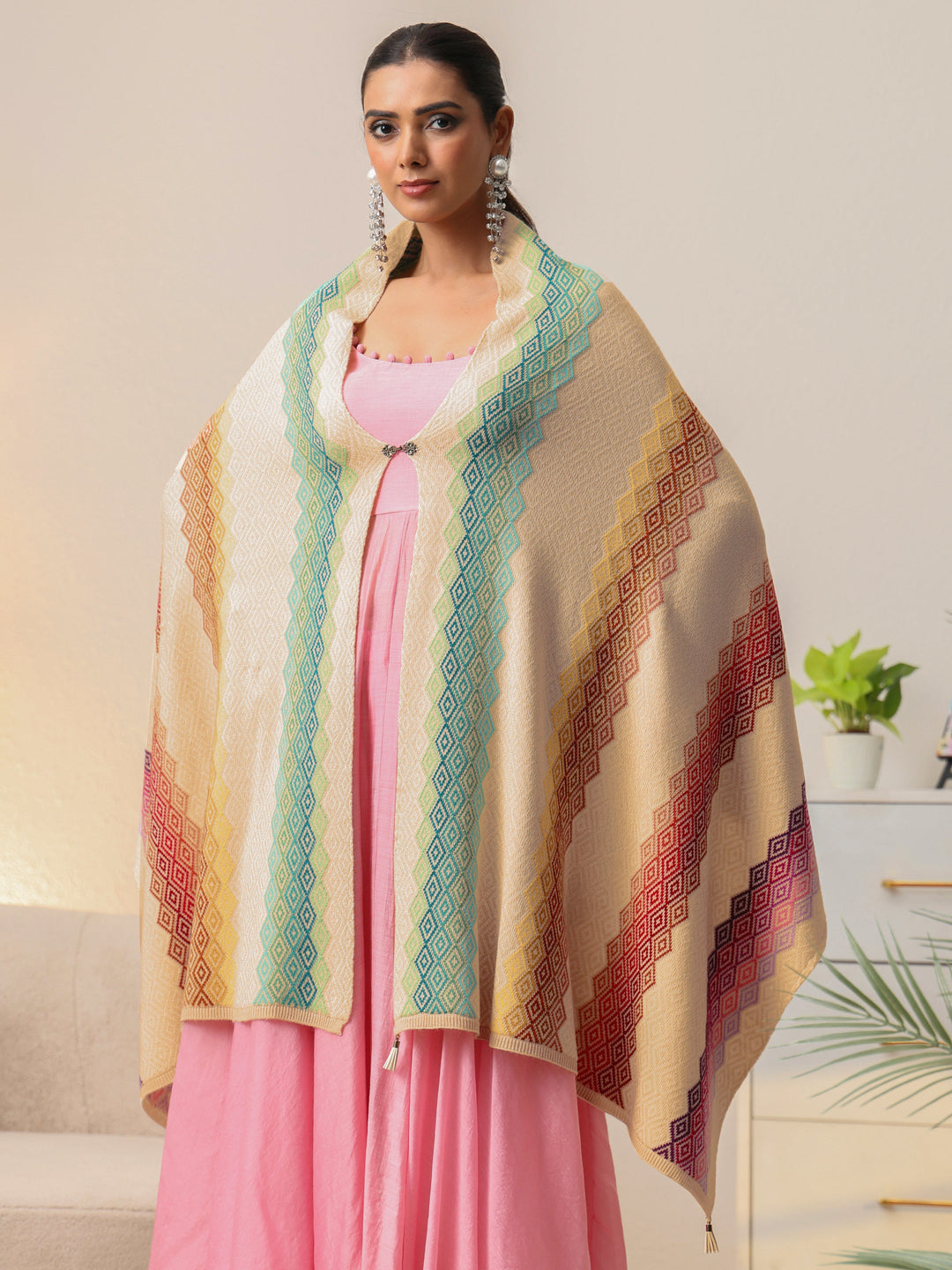  Libas Beige Geometric Knitted Acrylic Wrap Shawl 