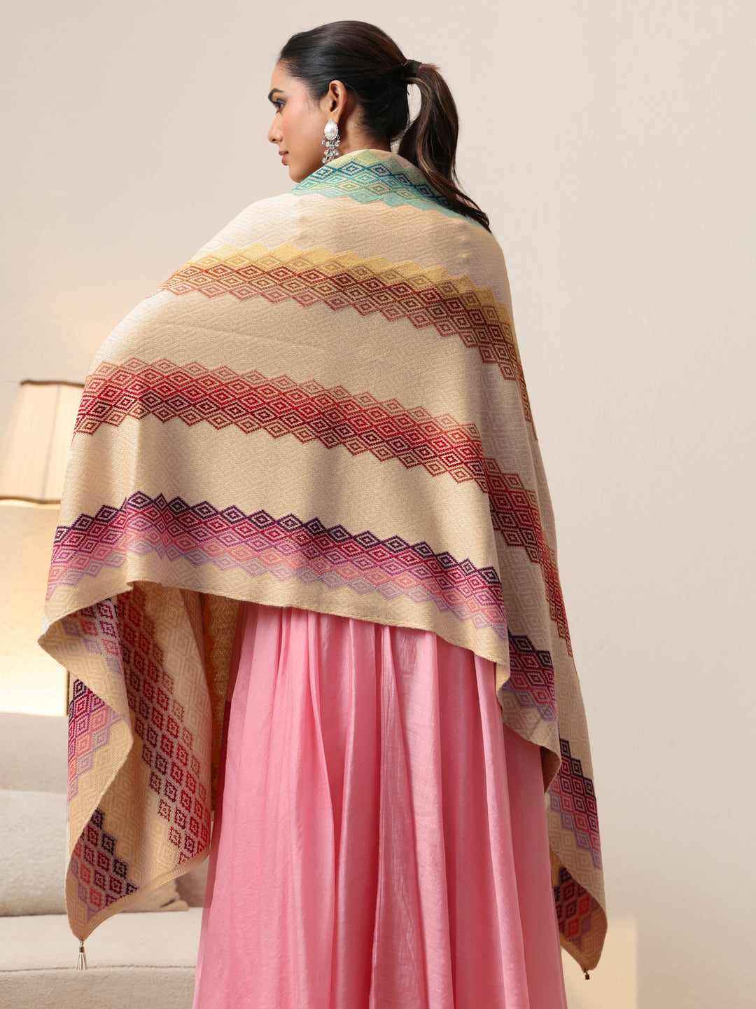  Libas Beige Geometric Knitted Acrylic Wrap Shawl 