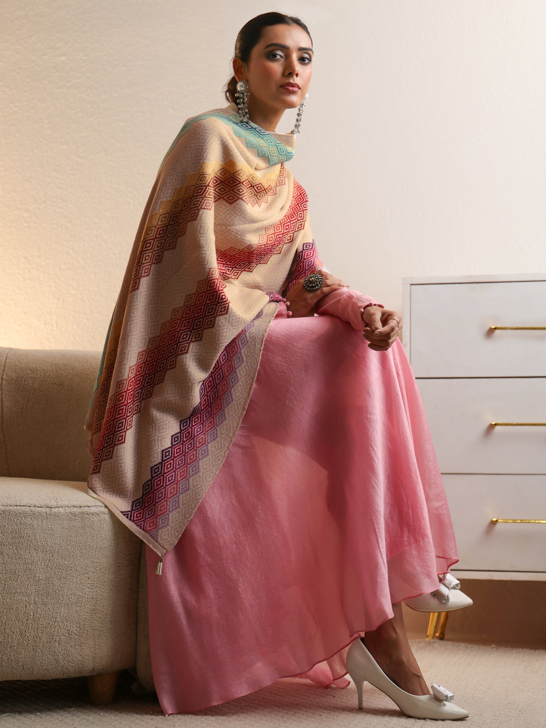  Libas Beige Geometric Knitted Acrylic Wrap Shawl 