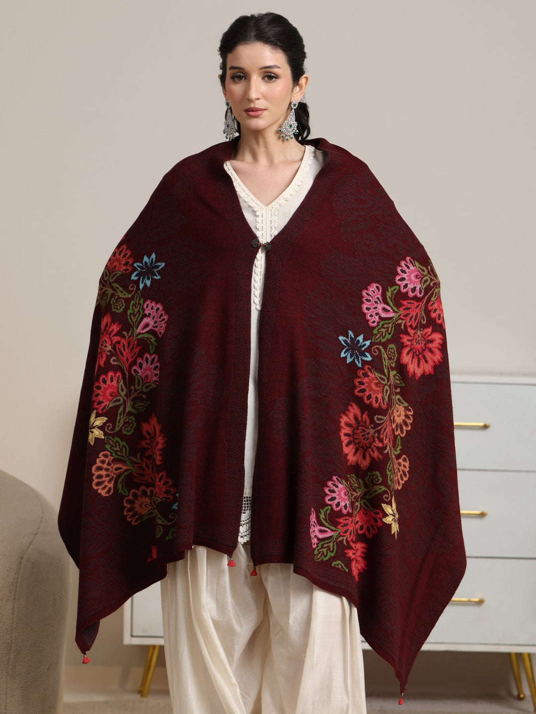  Libas Maroon Floral Knitted Acrylic Wrap Shawl 