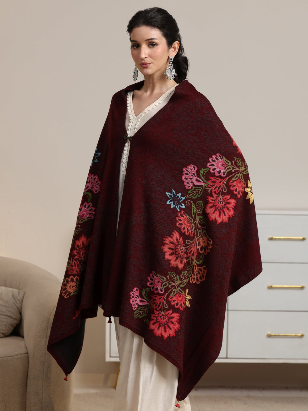  Libas Maroon Floral Knitted Acrylic Wrap Shawl 